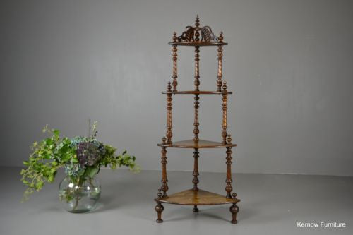 Antique Victorian Ornate Inlaid Walnut Corner Whatnot Shelving - Kernow Furniture