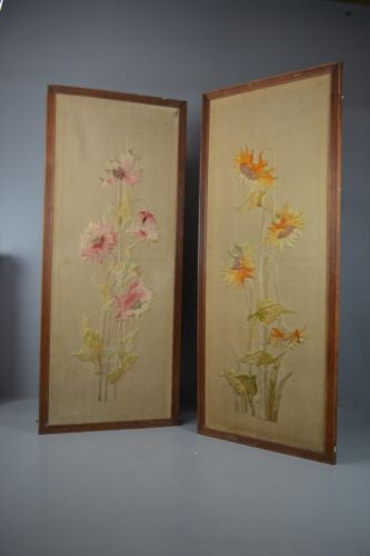 Pair Antique Oak Framed Embroidered Floral Wall Panels - Kernow Furniture