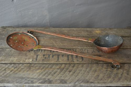 Pair Antique Copper Spoons Skimming Spoon & Hammered Ladle - Kernow Furniture