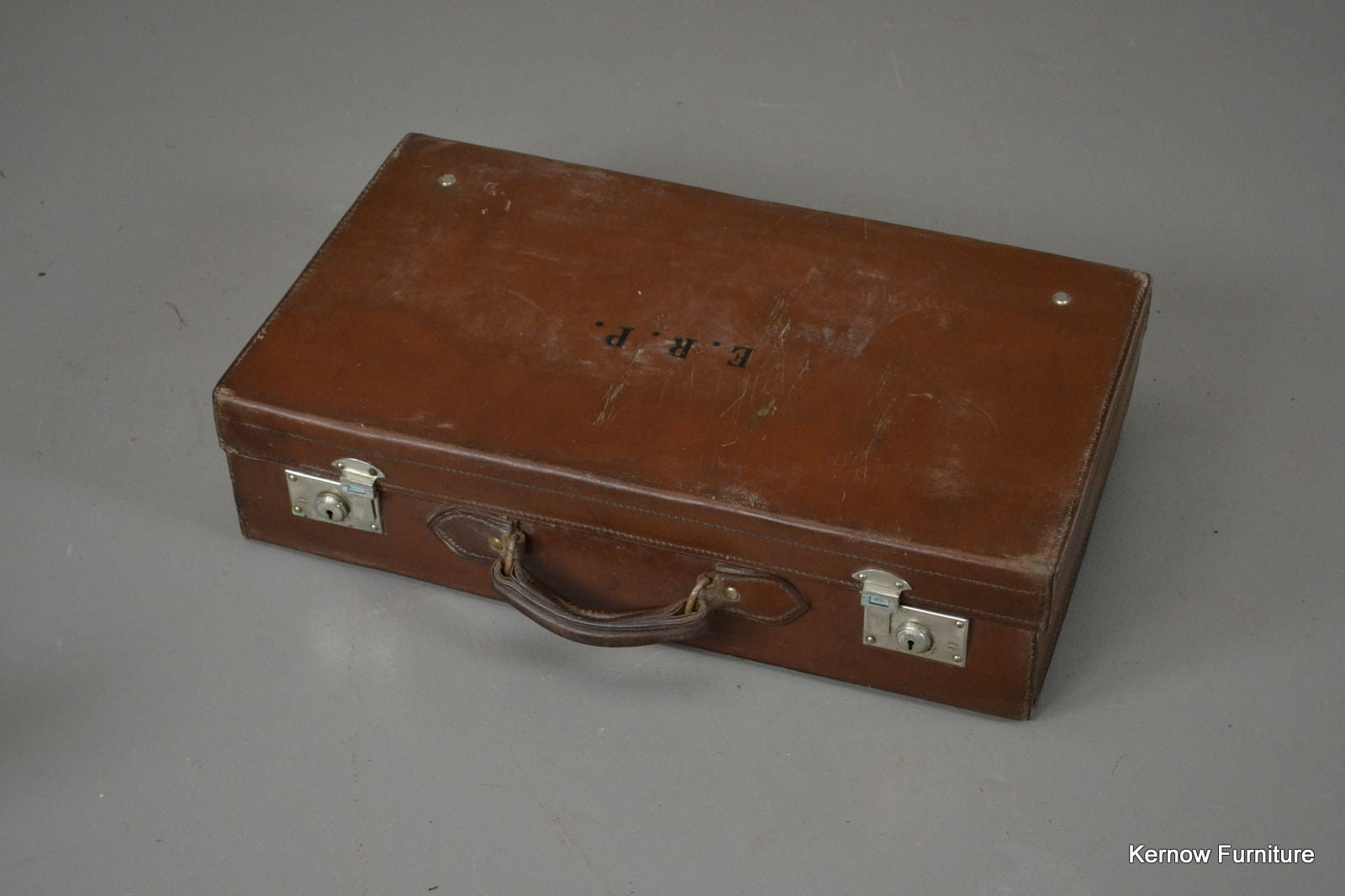 Antique Brown Leather Suitcase & Cover - Kernow Furniture