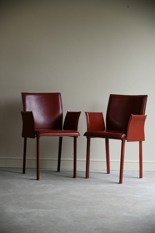 Pair Mario Bellini Style Red Leather Dining Chairs