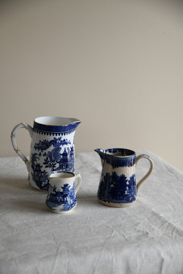 3 Blue and White Willow Jugs