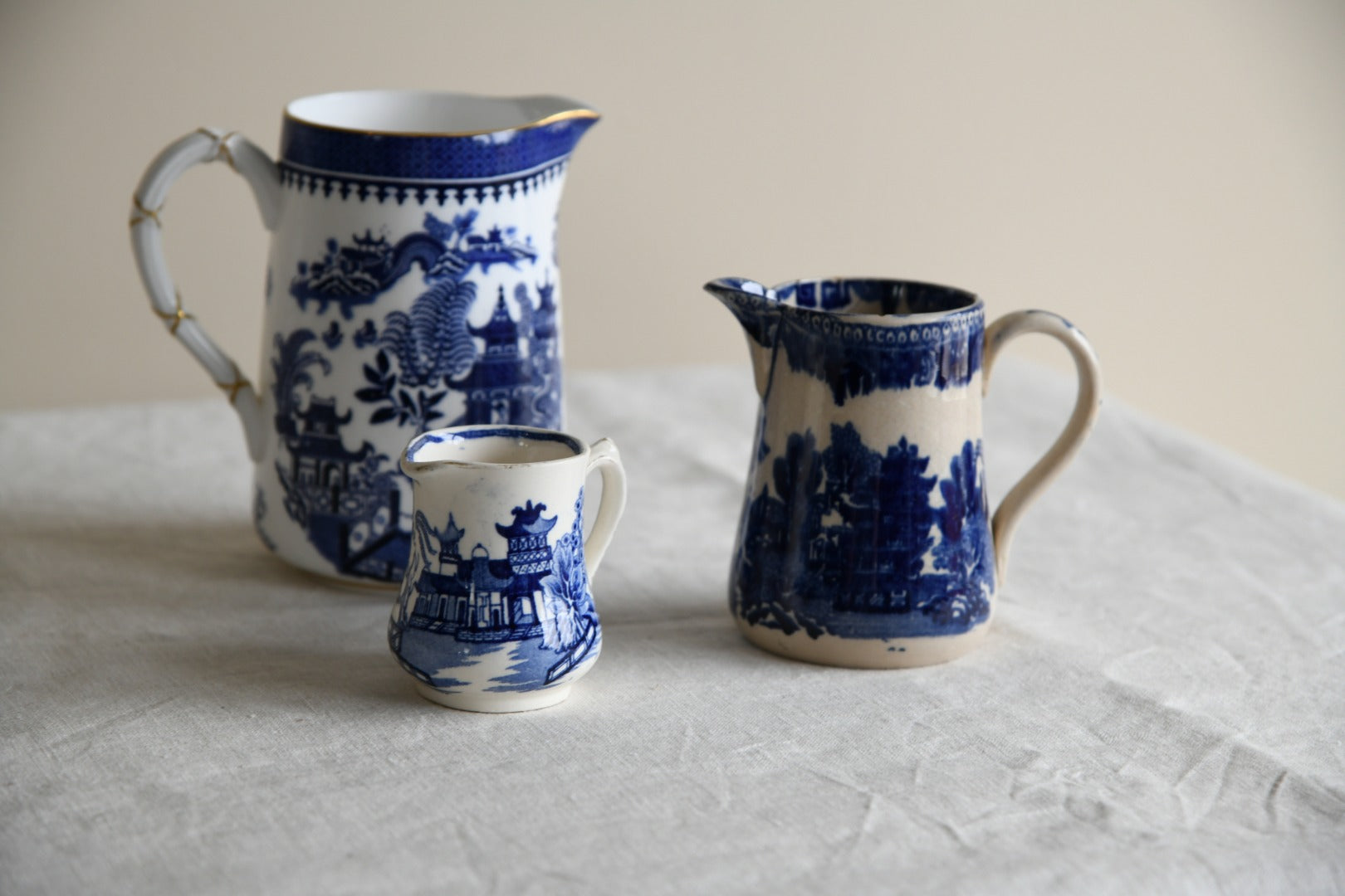 3 Blue and White Willow Jugs