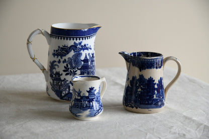 3 Blue and White Willow Jugs