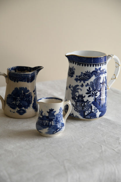 3 Blue and White Willow Jugs