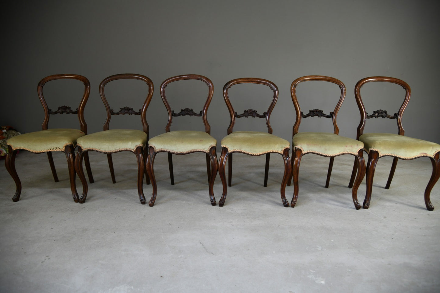 Set Six Victorian Balloon Back Chairs