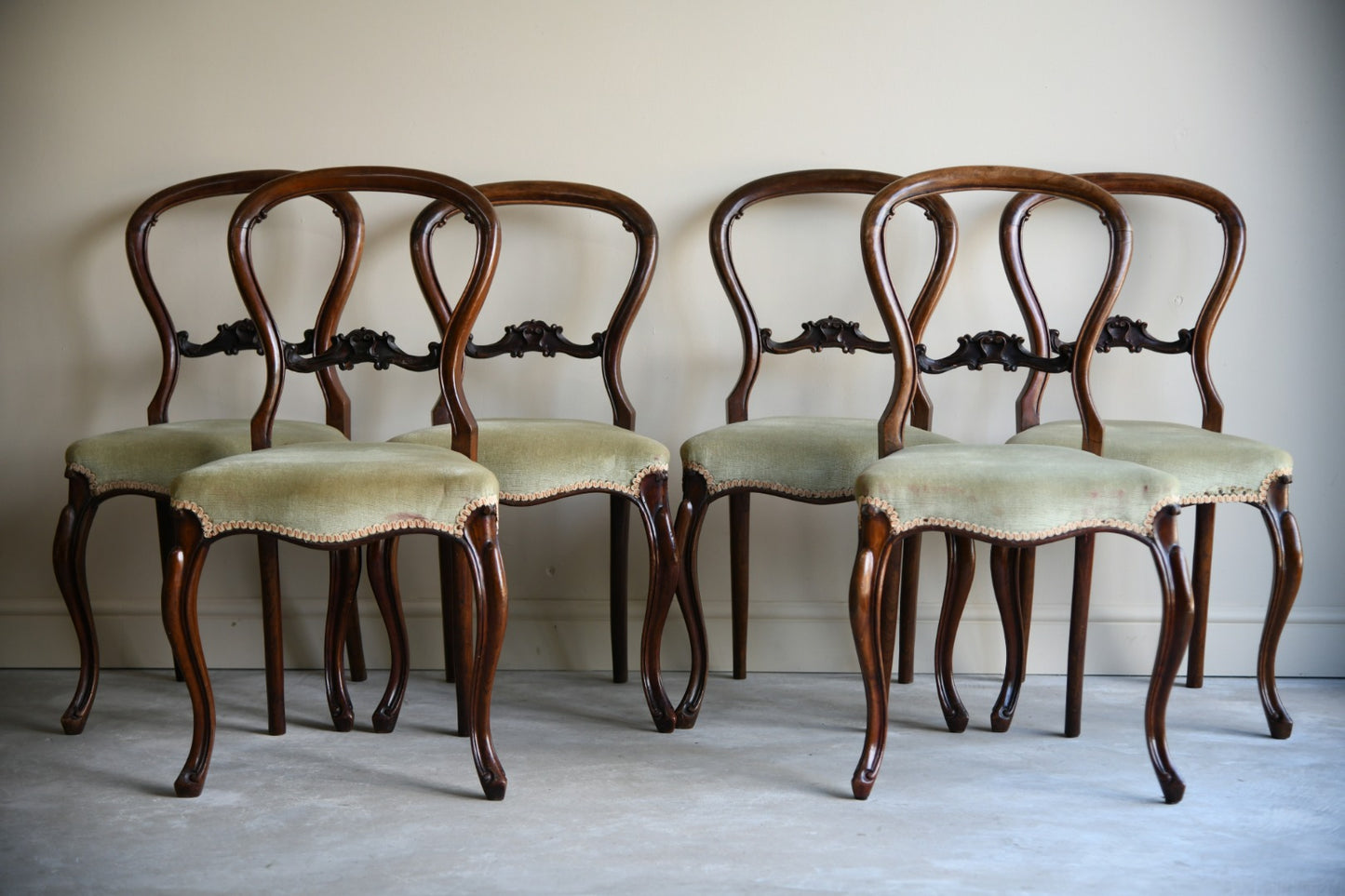 Set Six Victorian Balloon Back Chairs