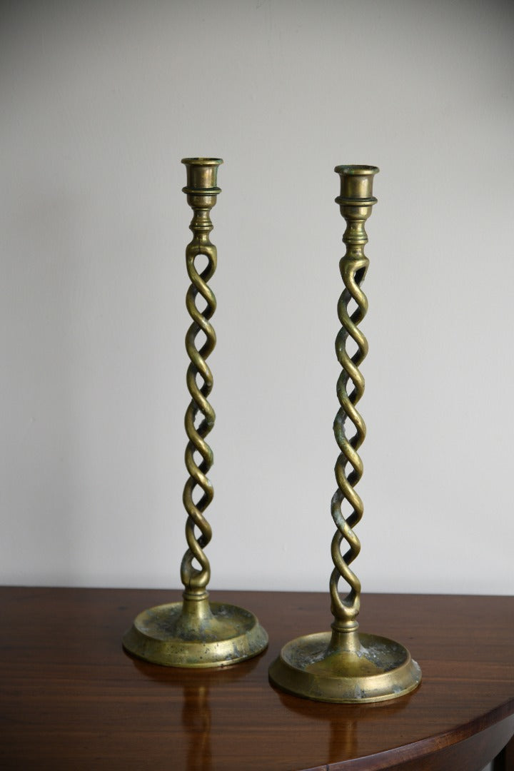 Pair Large Brass Open Barley Twist Candle Sticks