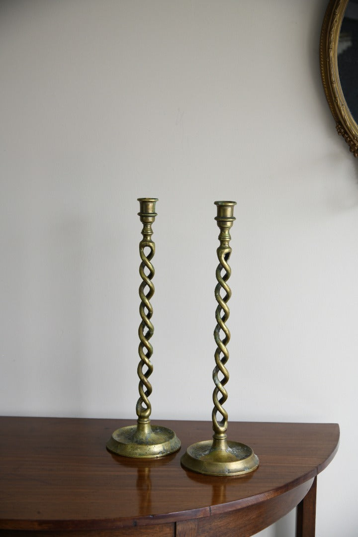 Pair Large Brass Open Barley Twist Candle Sticks