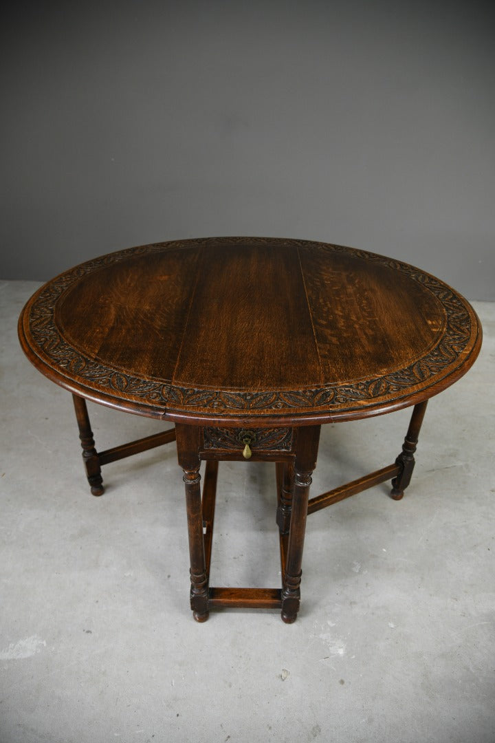 Carved Oak Drop Leaf Table