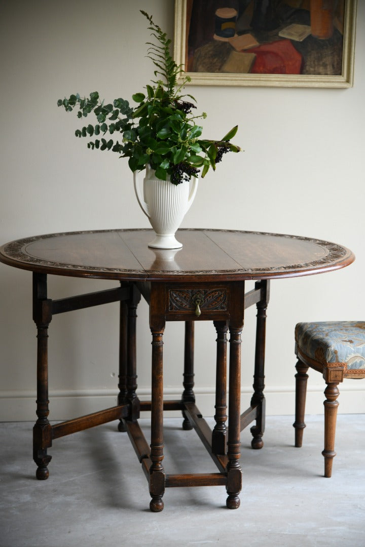 Carved Oak Drop Leaf Table