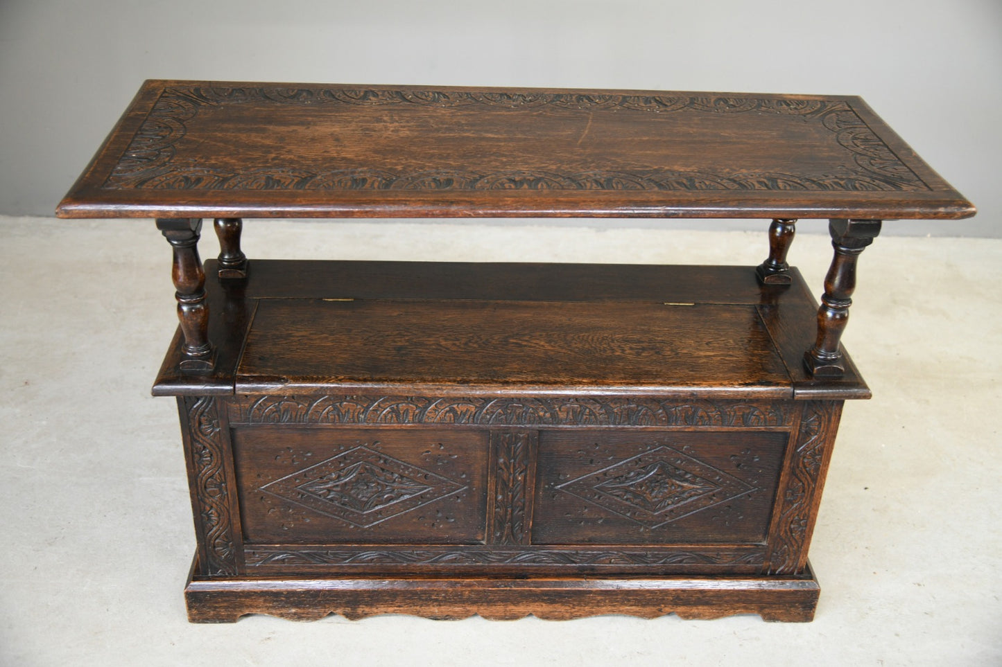 Antique Carved Oak Monks Bench