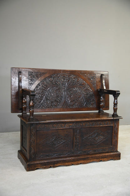 Antique Carved Oak Monks Bench