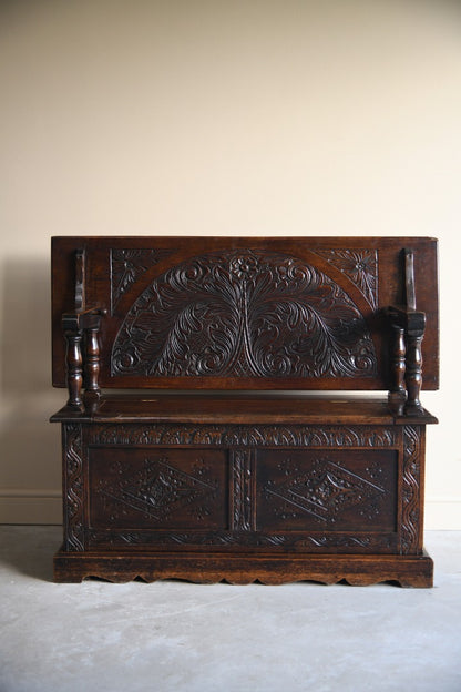 Antique Carved Oak Monks Bench