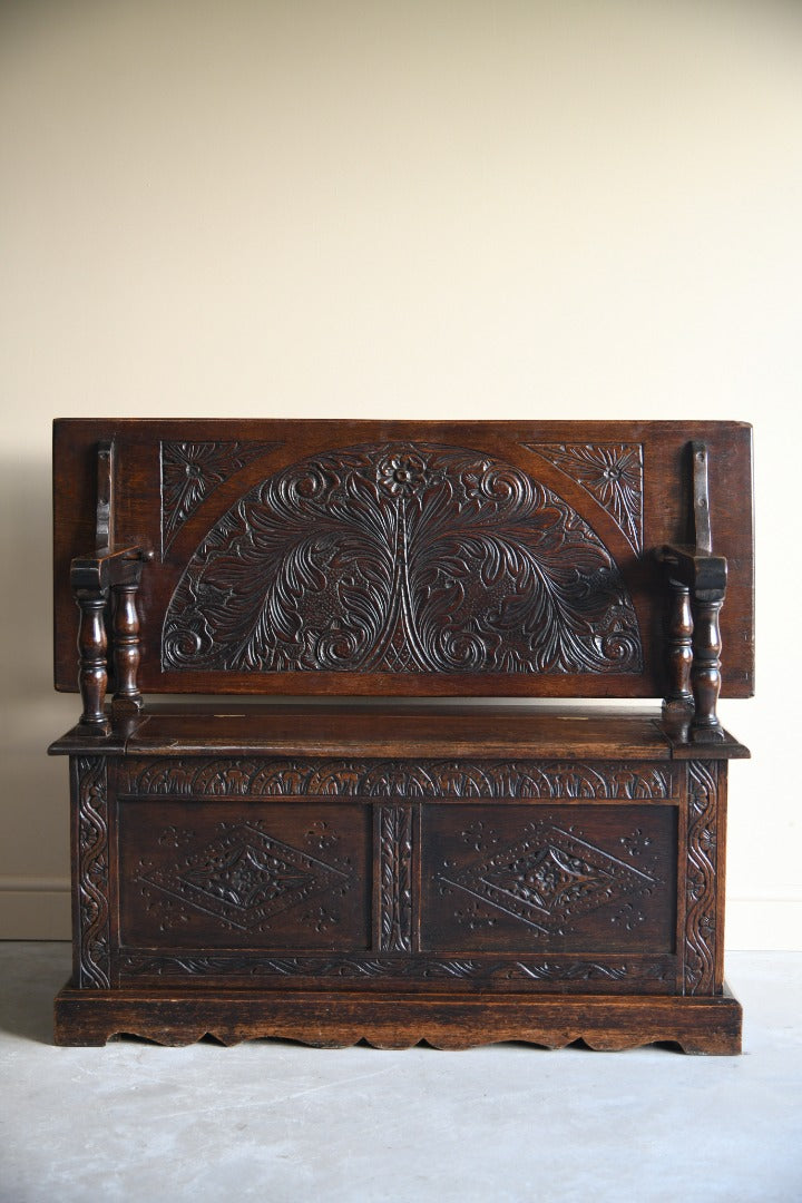 Antique Carved Oak Monks Bench