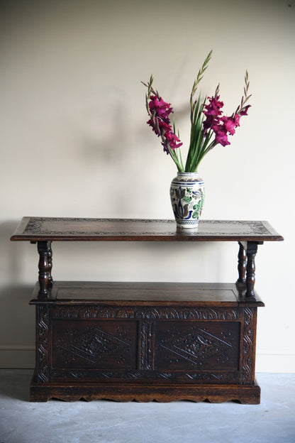 Antique Carved Oak Monks Bench