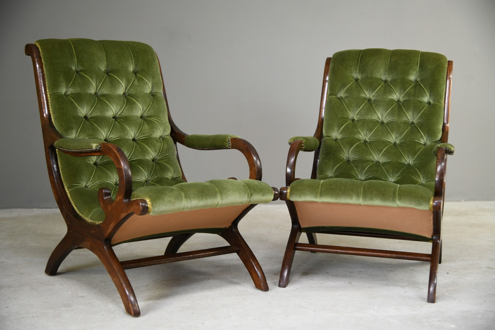 Pair Reproduction Upholstered Button Back Slipper Armchairs