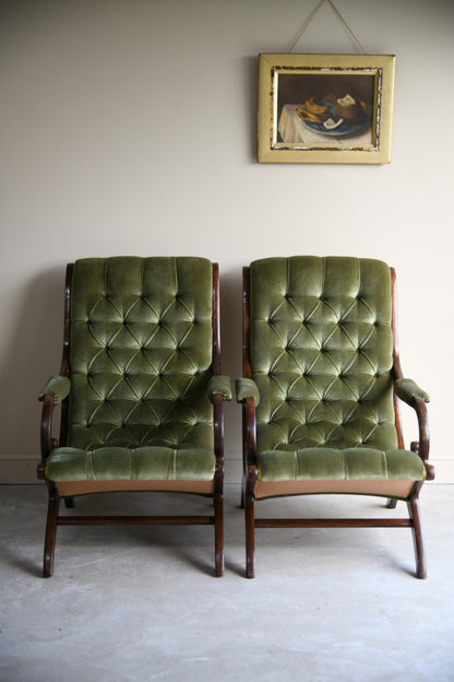 Pair Reproduction Upholstered Button Back Slipper Armchairs