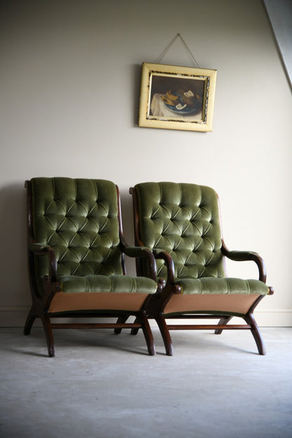 Pair Reproduction Upholstered Button Back Slipper Armchairs