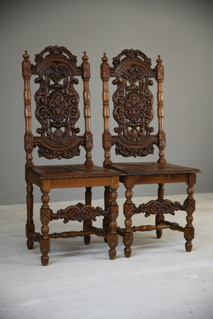 Pair Victorian Carved Oak Dining Chairs