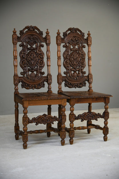 Pair Victorian Carved Oak Dining Chairs