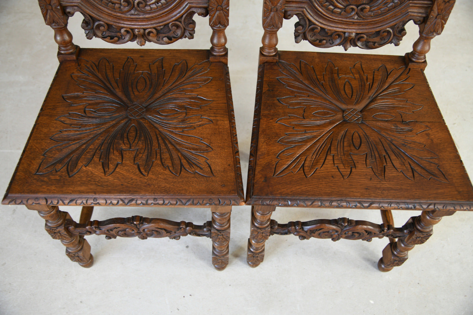 Pair Victorian Carved Oak Dining Chairs