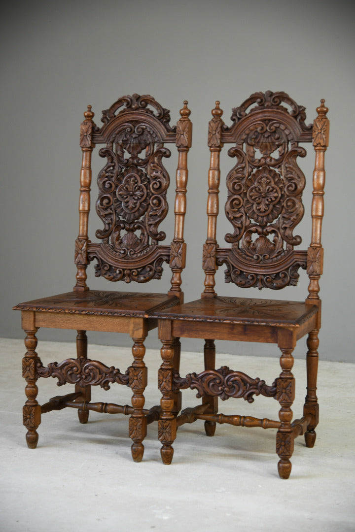 Pair Victorian Carved Oak Dining Chairs