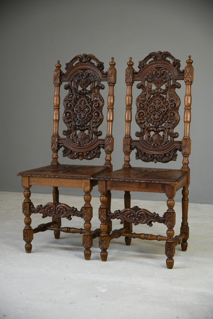 Pair Victorian Carved Oak Dining Chairs