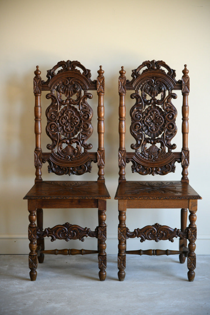 Pair Victorian Carved Oak Dining Chairs