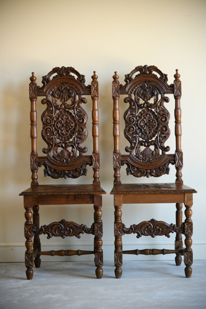 Pair Victorian Carved Oak Dining Chairs