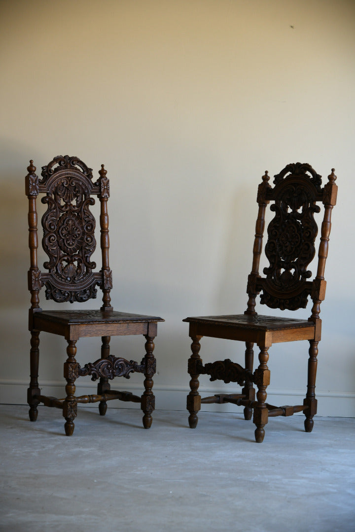 Pair Victorian Carved Oak Dining Chairs