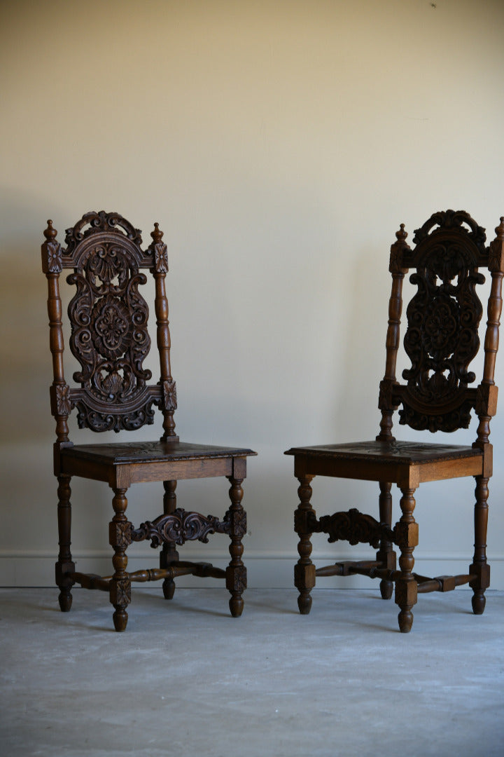 Pair Victorian Carved Oak Dining Chairs
