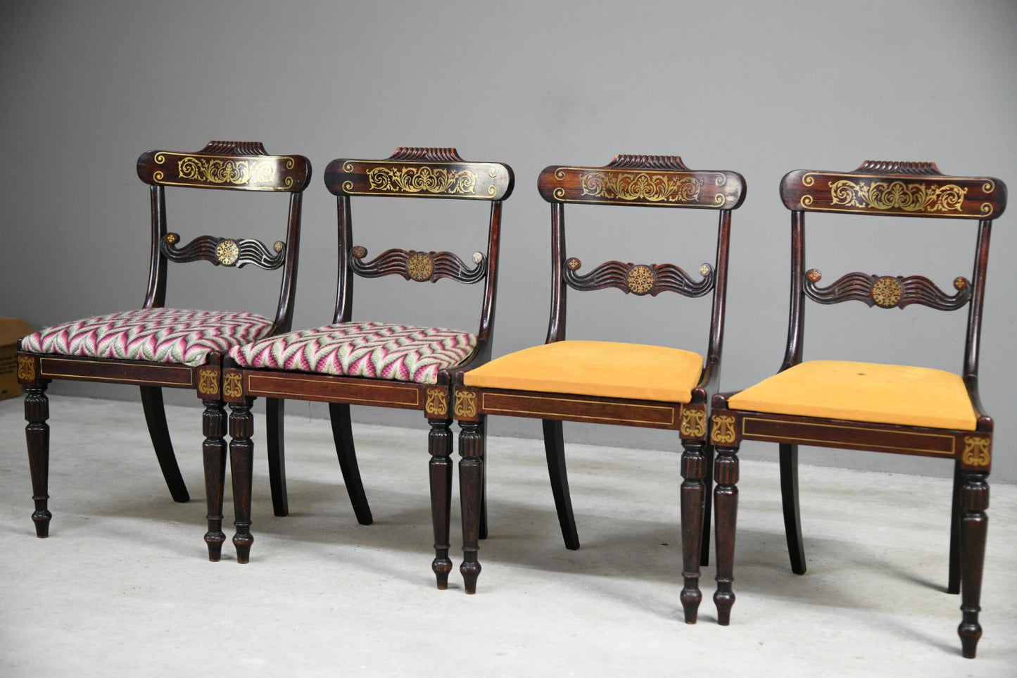 Set 4 Regency Brass Inlaid Dining Chairs