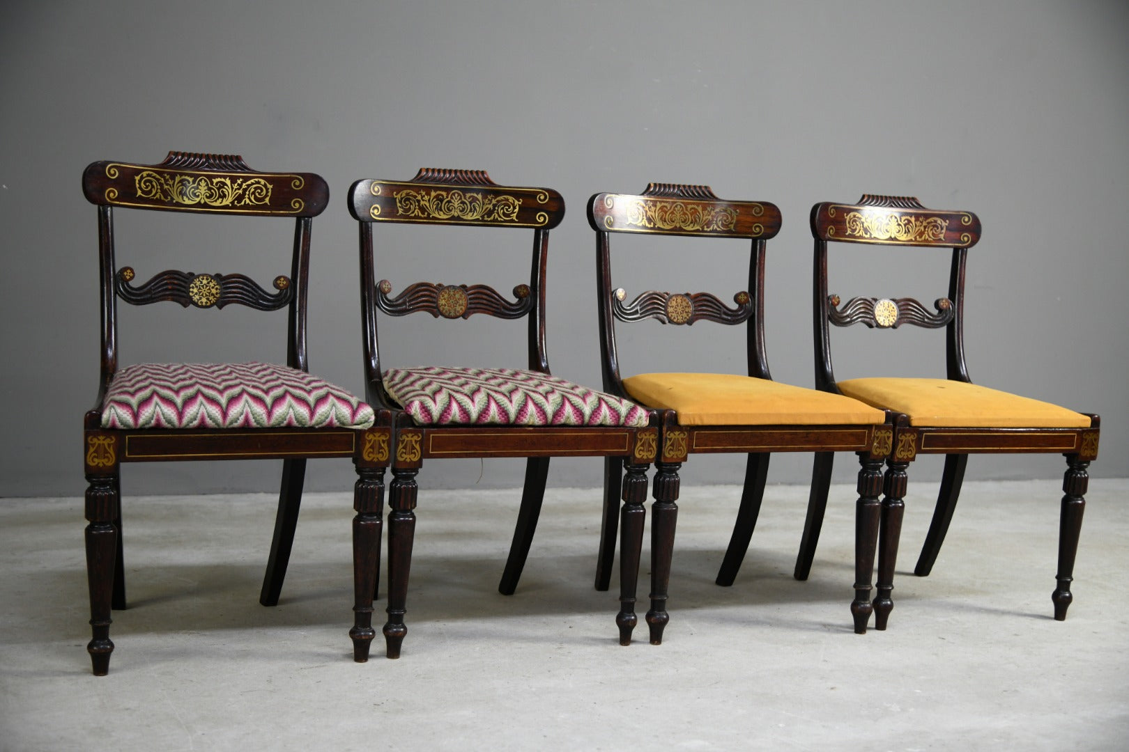 Set 4 Regency Brass Inlaid Dining Chairs