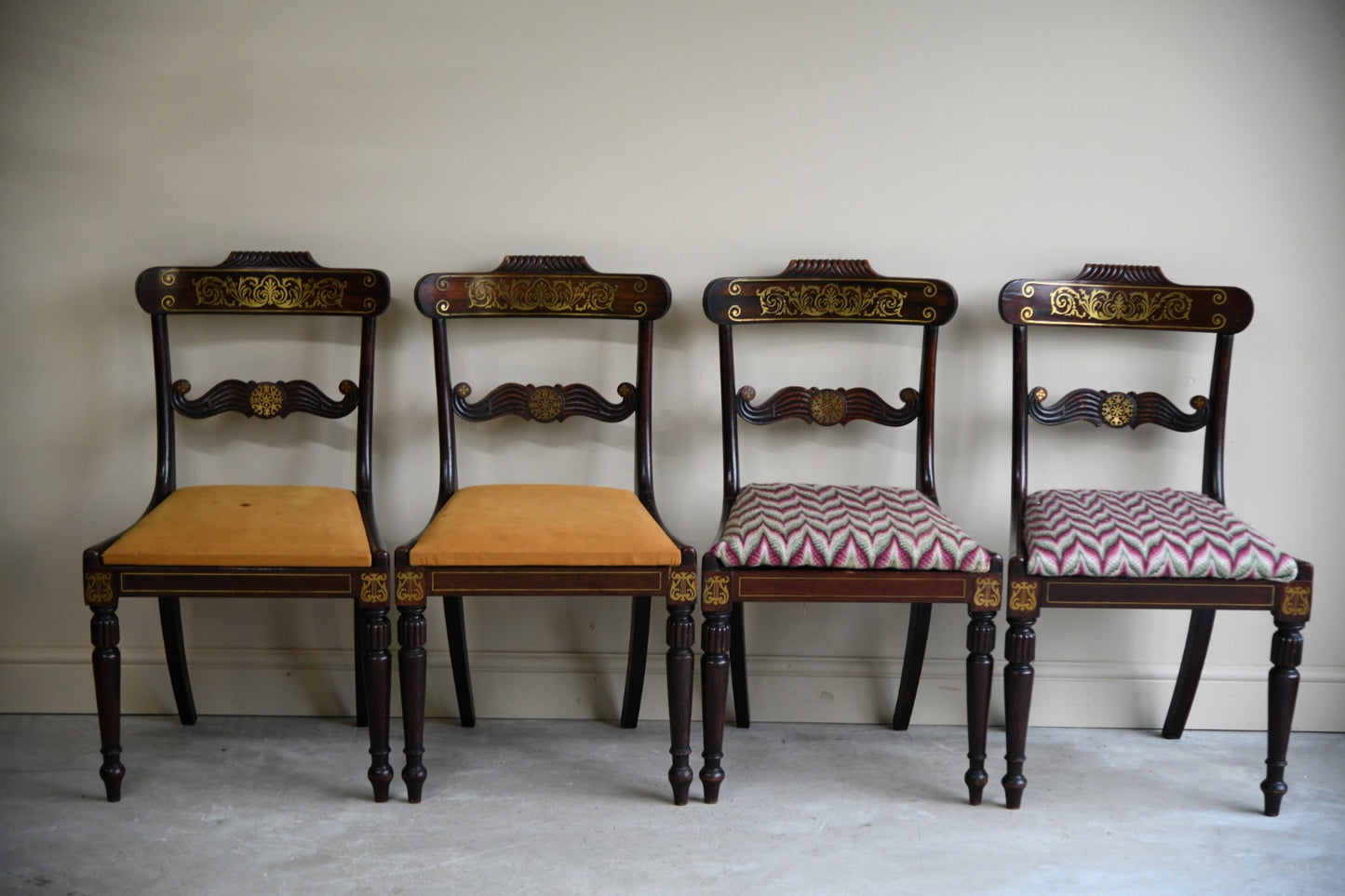 Set 4 Regency Brass Inlaid Dining Chairs