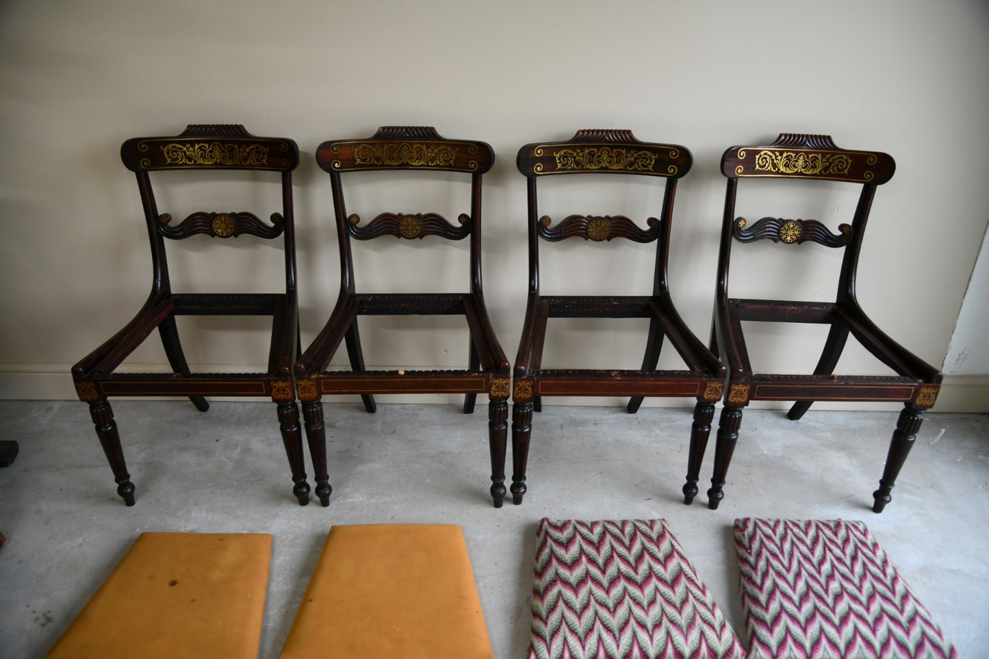 Set 4 Regency Brass Inlaid Dining Chairs