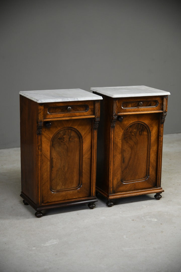 Pair Continental Marble Top Walnut Bedside Cabinets