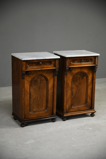 Pair Continental Marble Top Walnut Bedside Cabinets