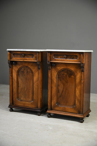 Pair Continental Marble Top Walnut Bedside Cabinets