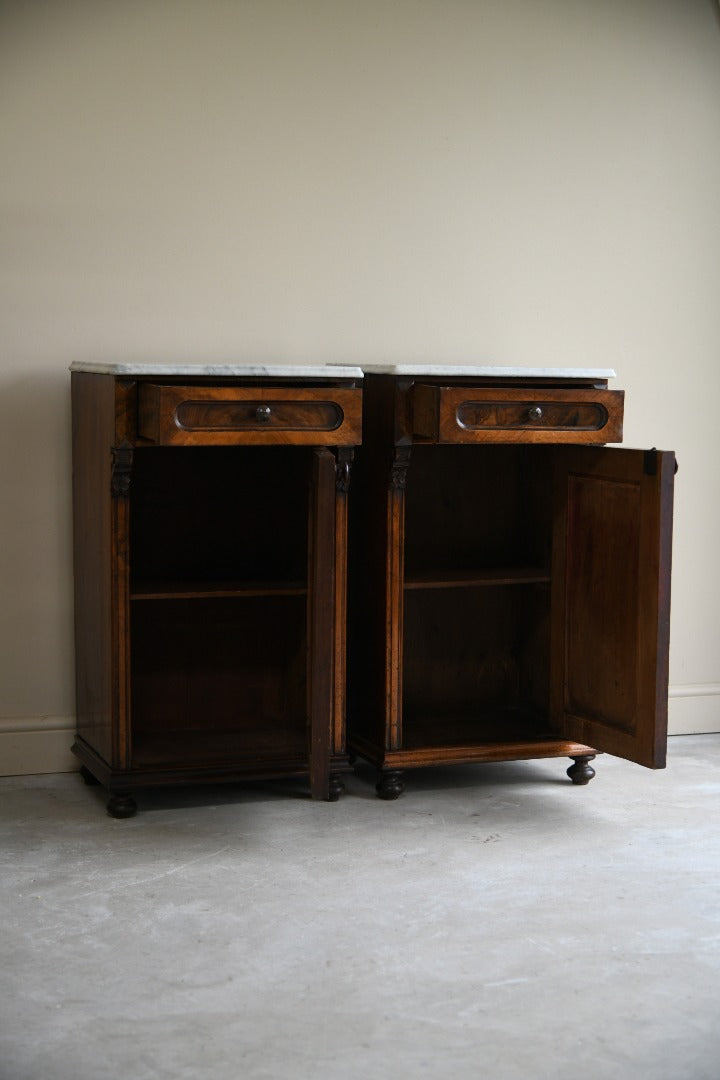 Pair Continental Marble Top Walnut Bedside Cabinets