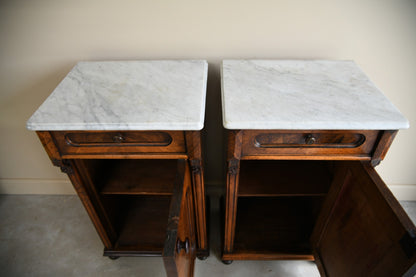 Pair Continental Marble Top Walnut Bedside Cabinets