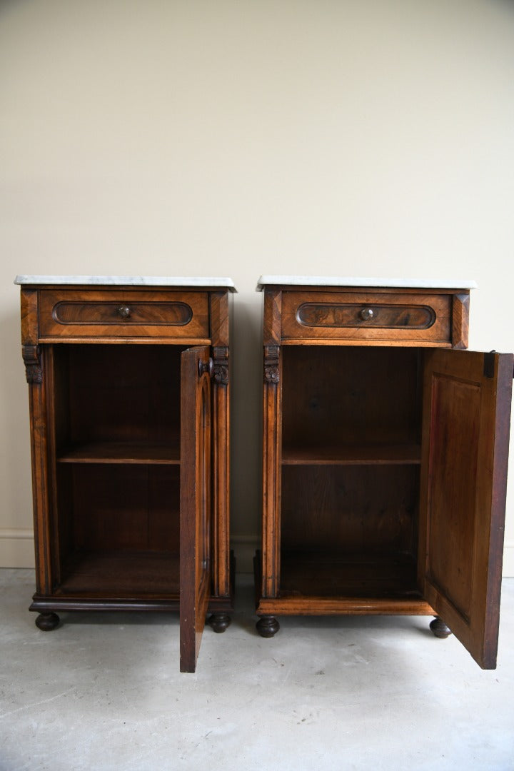 Pair Continental Marble Top Walnut Bedside Cabinets