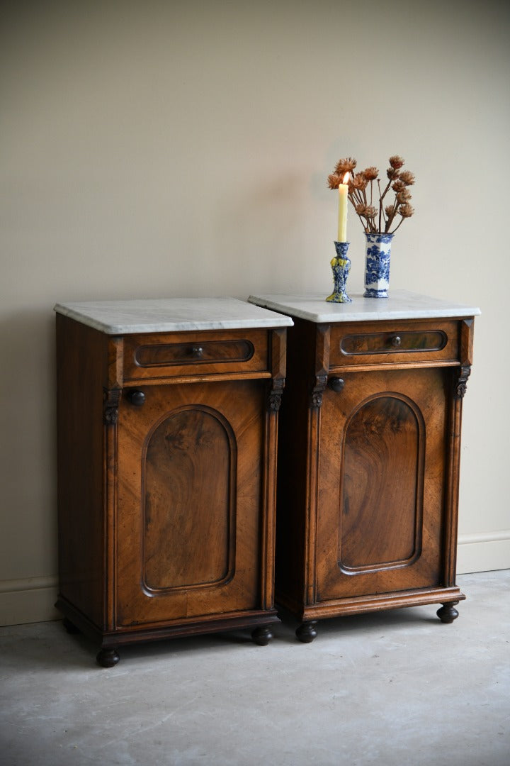 Pair Continental Marble Top Walnut Bedside Cabinets