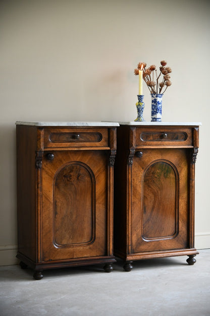 Pair Continental Marble Top Walnut Bedside Cabinets