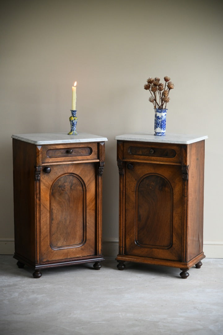 Pair Continental Marble Top Walnut Bedside Cabinets