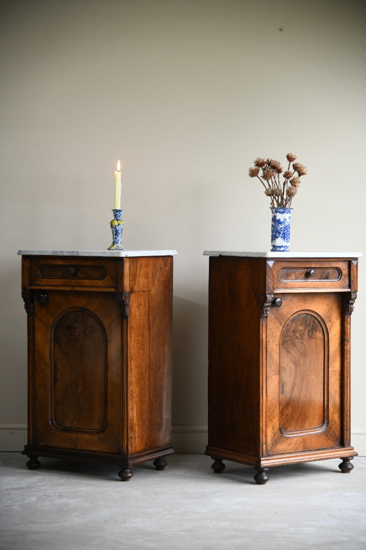 Pair Continental Marble Top Walnut Bedside Cabinets