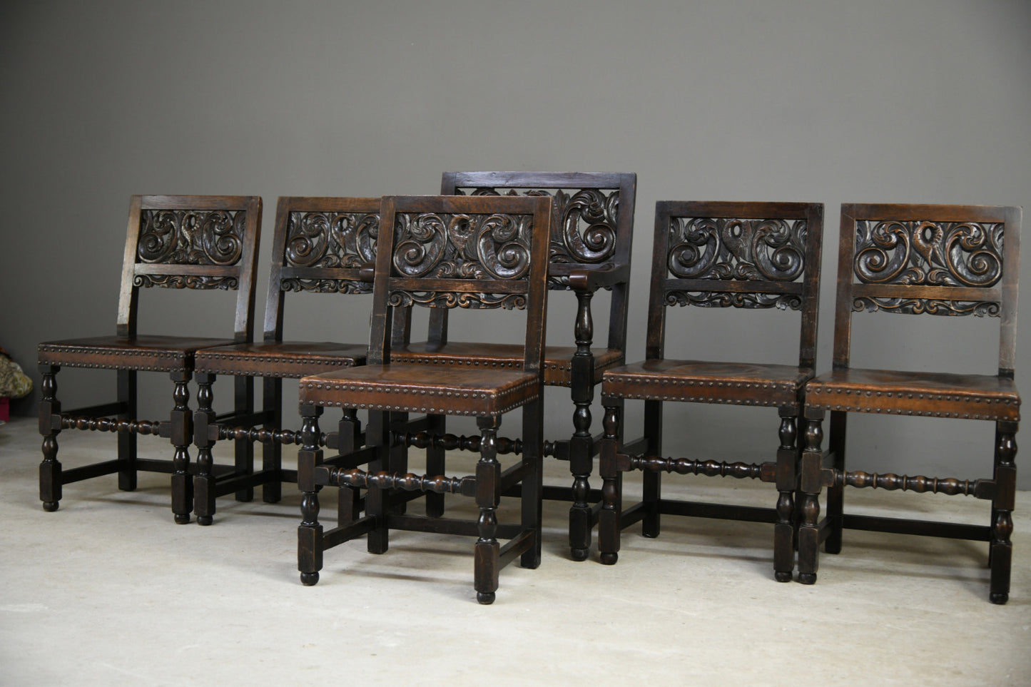 Set 6 Carved Oak Continental Dining Chairs