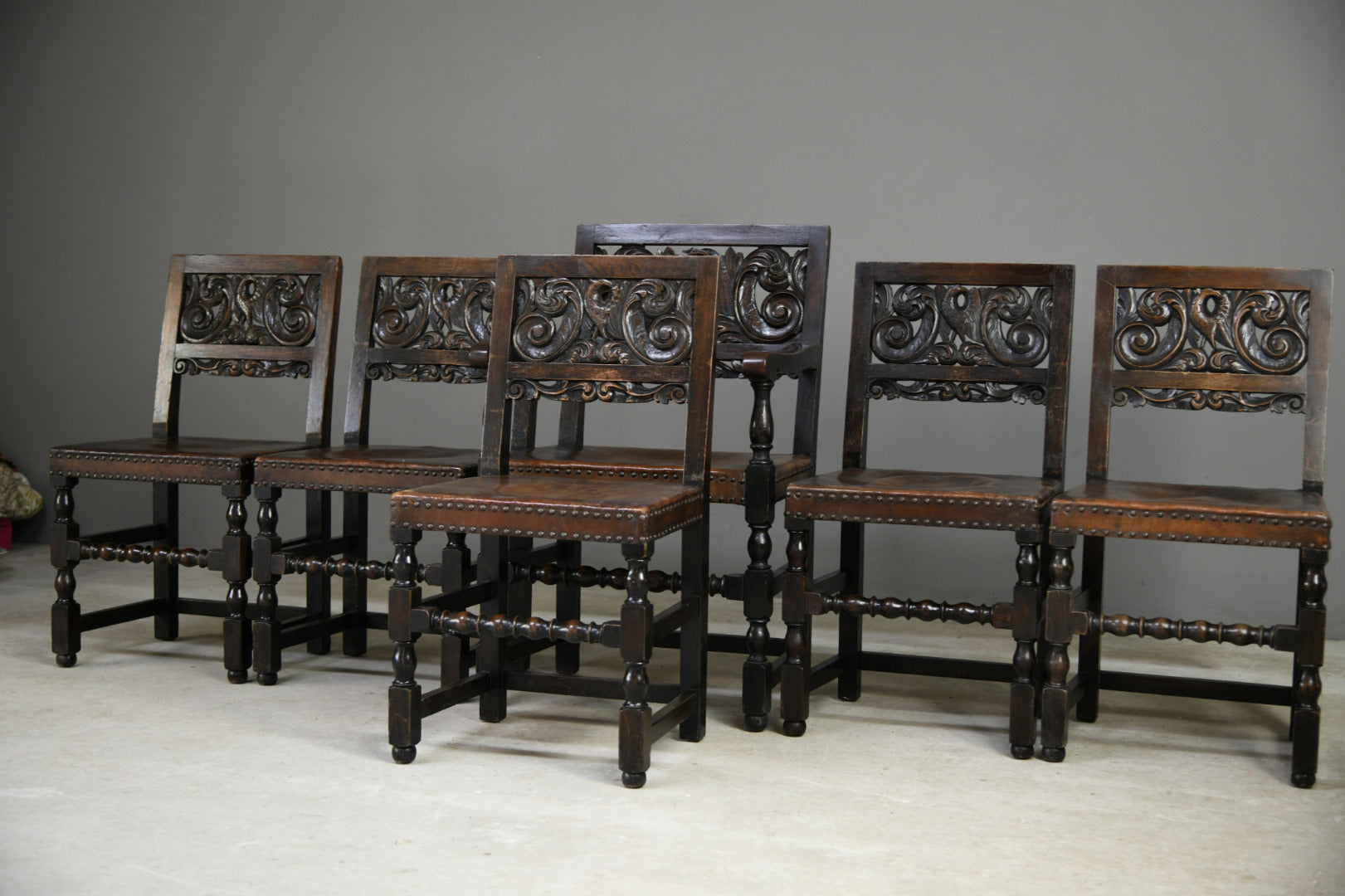 Set 6 Carved Oak Continental Dining Chairs