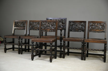 Set 6 Carved Oak Continental Dining Chairs