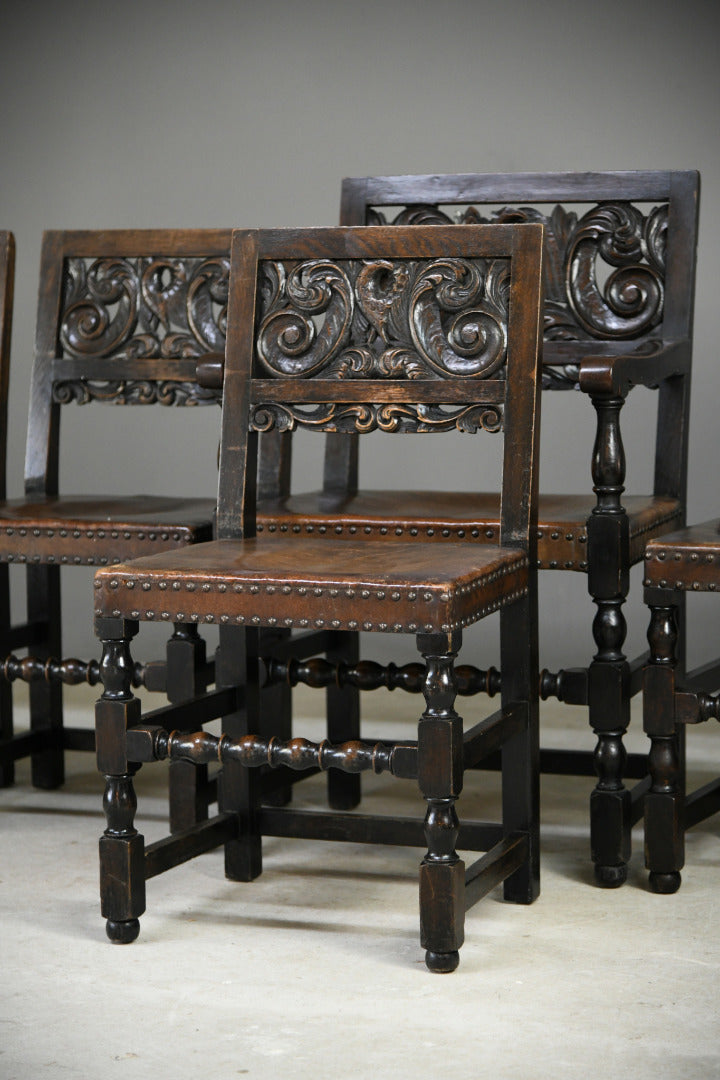 Set 6 Carved Oak Continental Dining Chairs